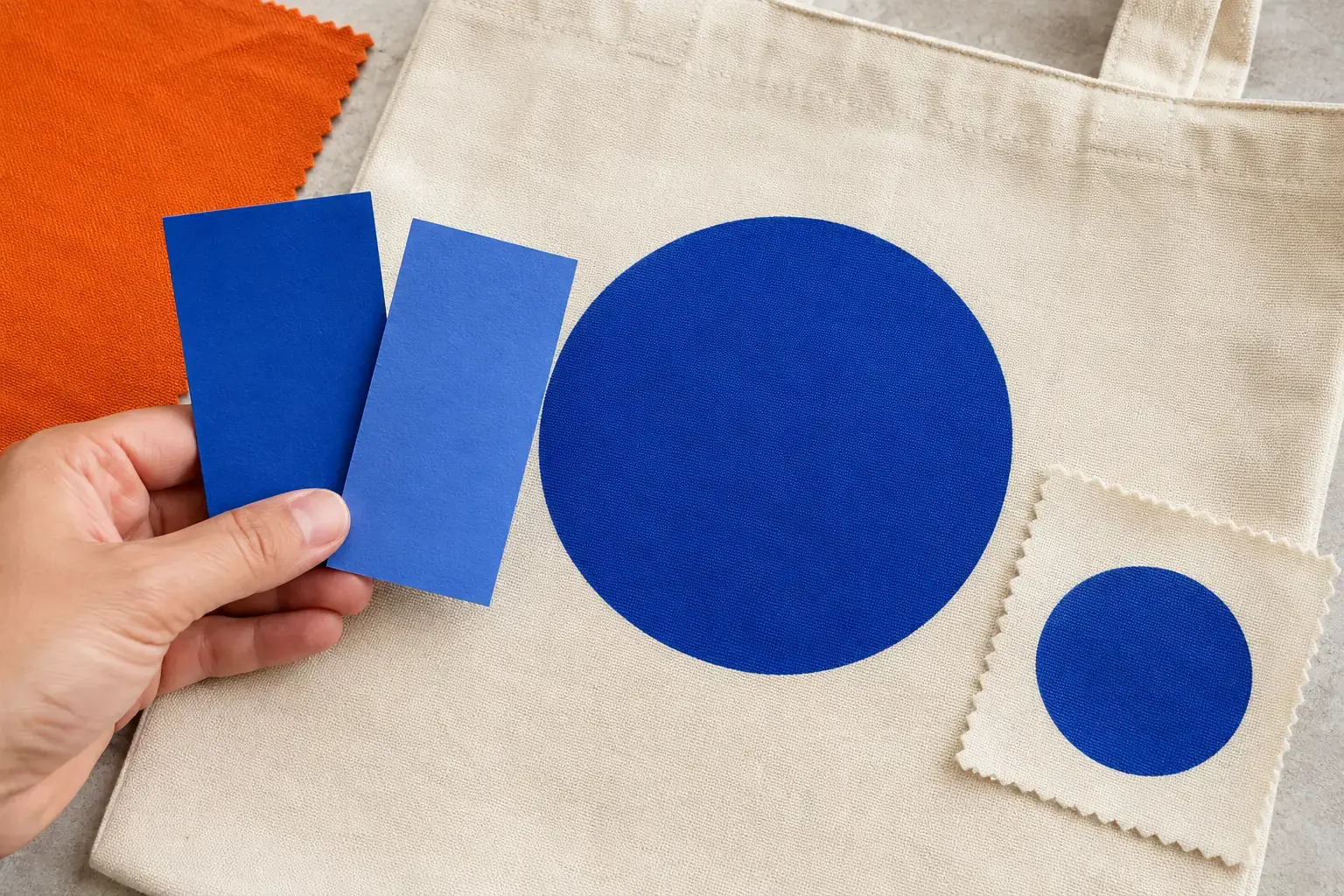 Blue physical colour swatches compared with a circle printed on cotton and a cloth proof.