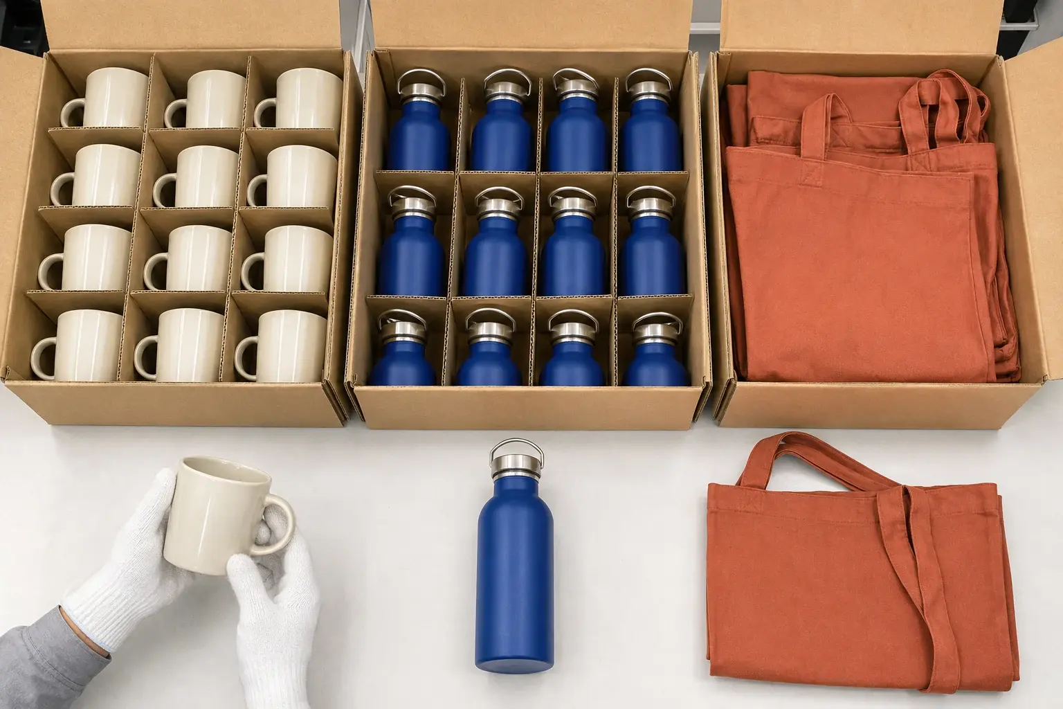 Separate cartons of mugs, bottles and totes with a matching sample in front of each.