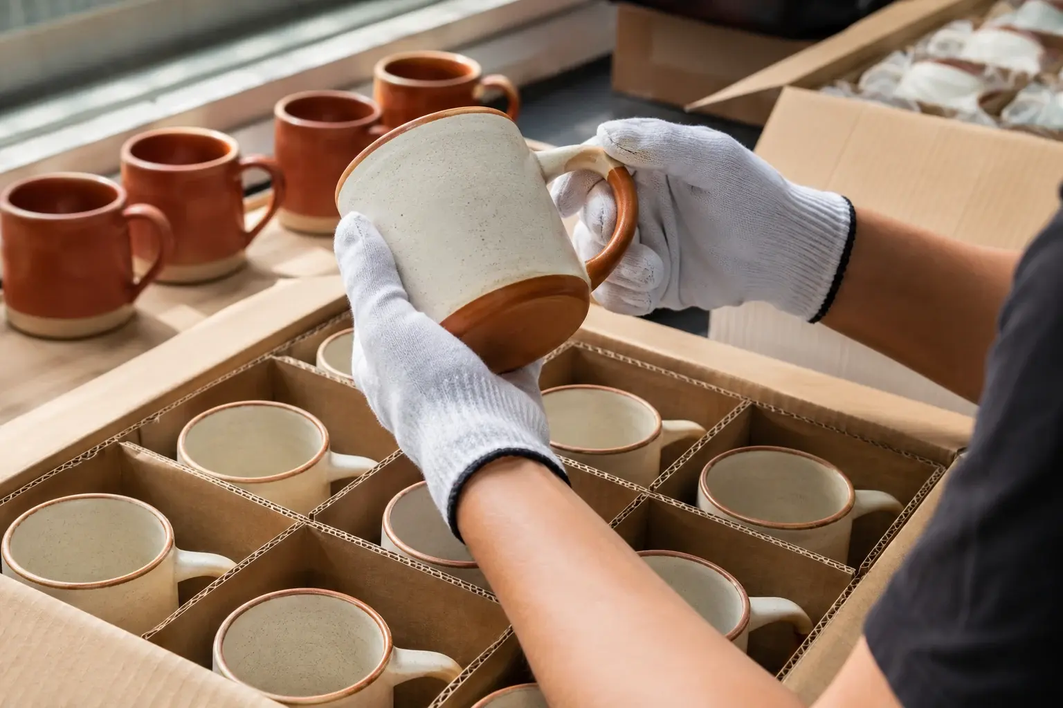 Gloved hands inspect a cream ceramic mug over a divided carton of matching mugs.