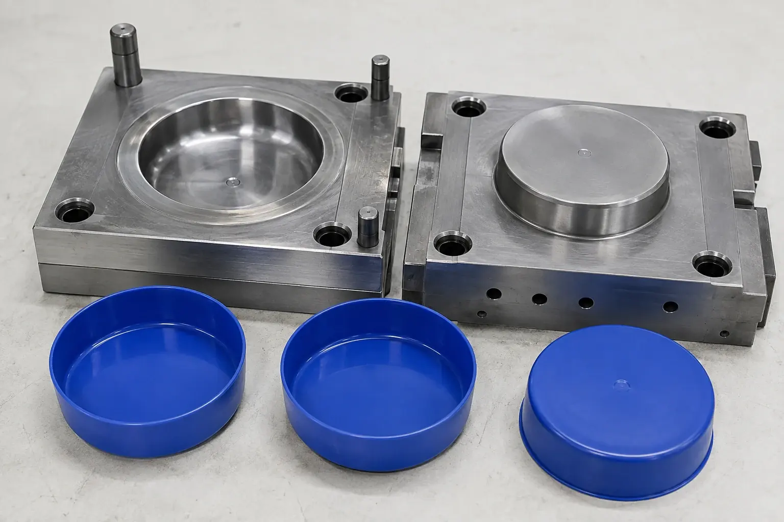 A round mould cavity and core beside three matching blue dish samples.