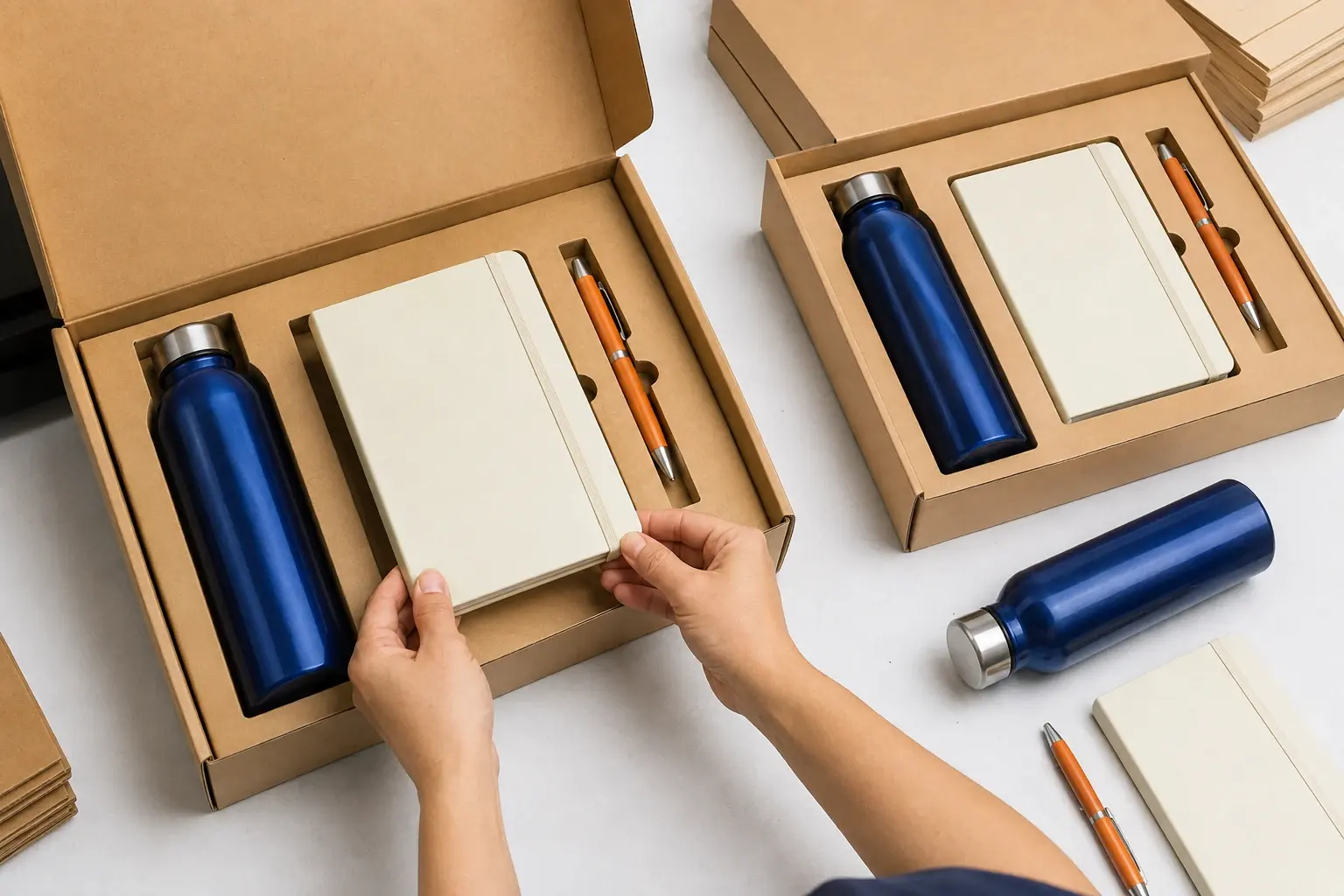 Hands place a notebook into a fitted gift kit with a blue bottle and orange pen.