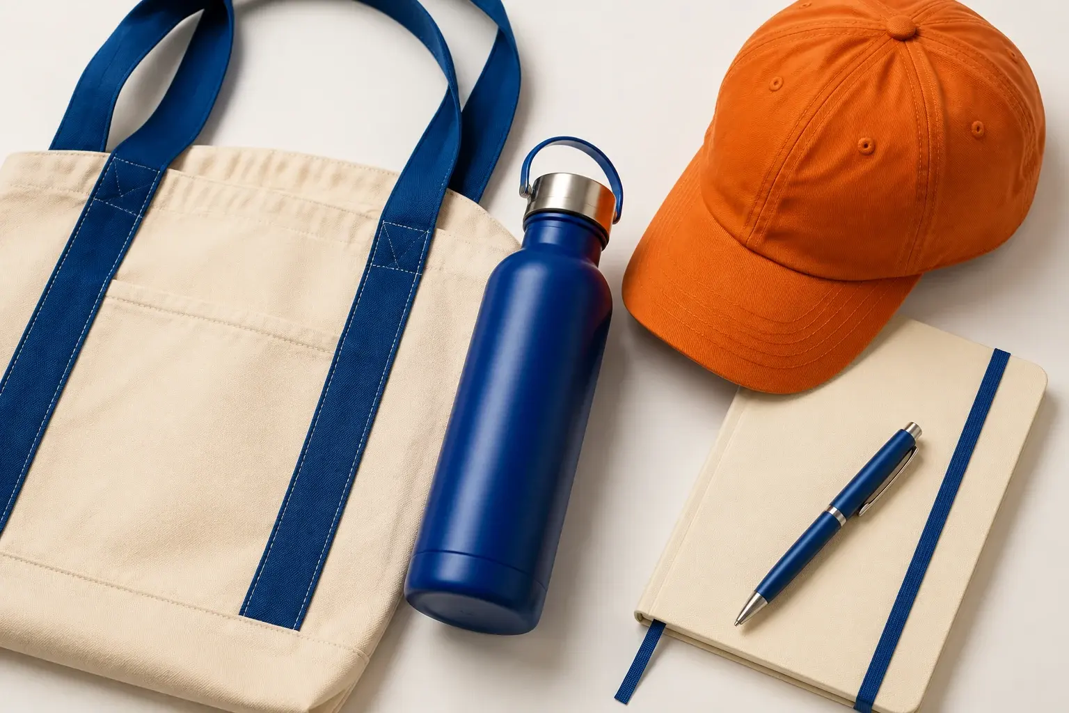 A canvas tote, cobalt bottle, orange cap, notebook and pen arranged as promotional merchandise.