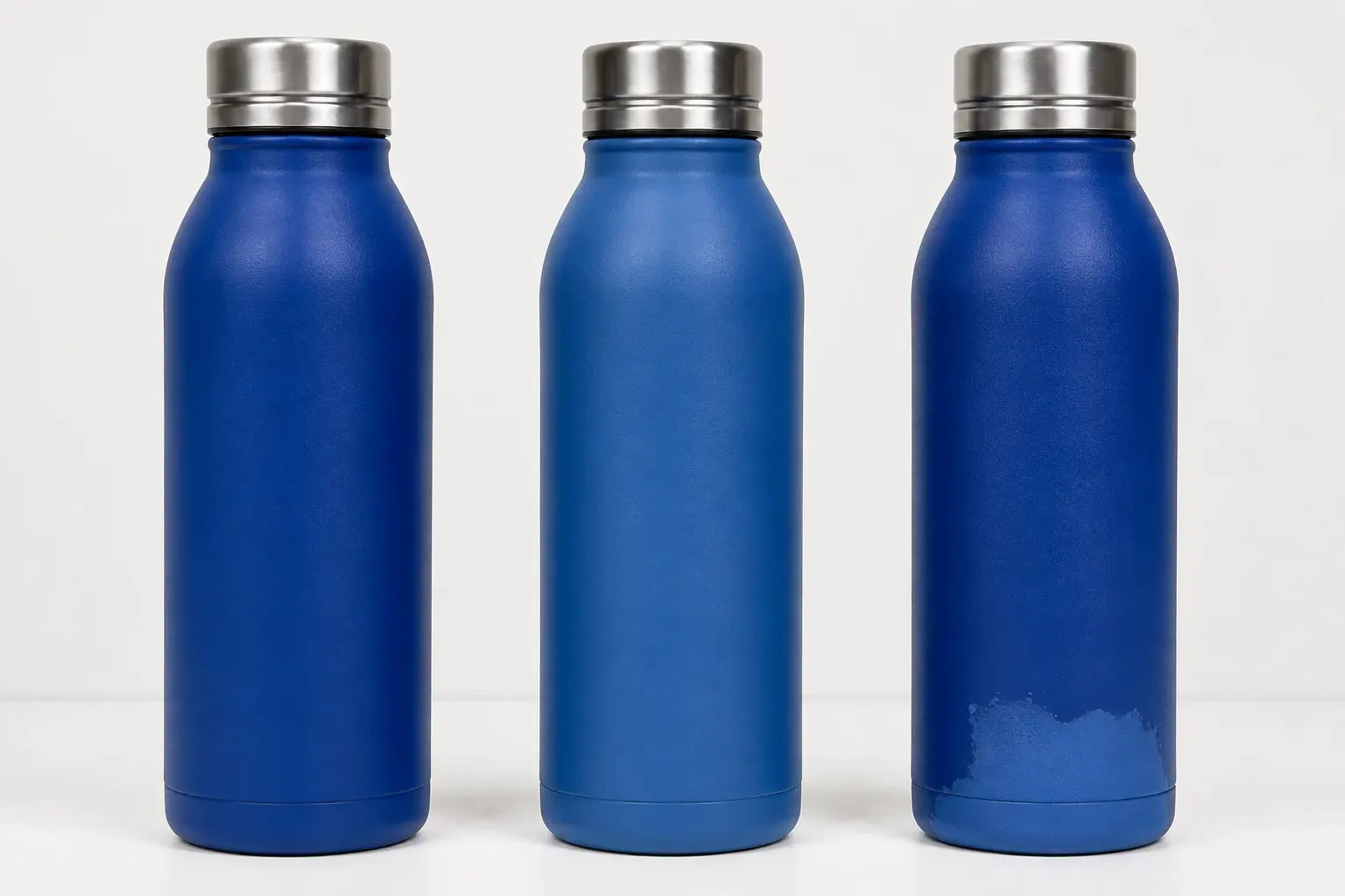 Three finished blue bottles show a reference colour, a lighter finish and a coating blemish.