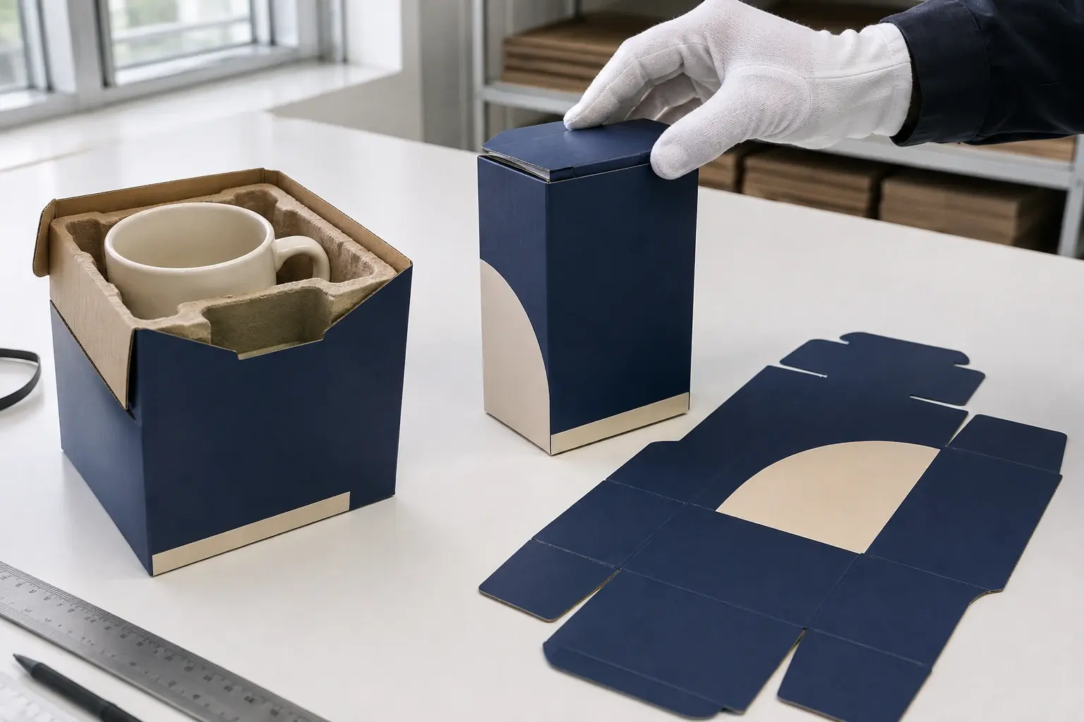 A navy retail carton, flat dieline and open pack with a mug insert illustrate packaging checks.