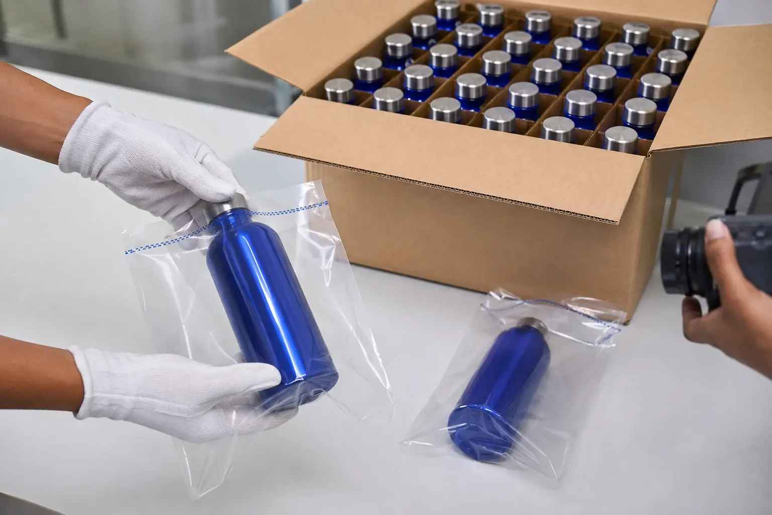 A blue bottle is placed in a sample pouch beside a carton of bottles while an observer holds a camera.