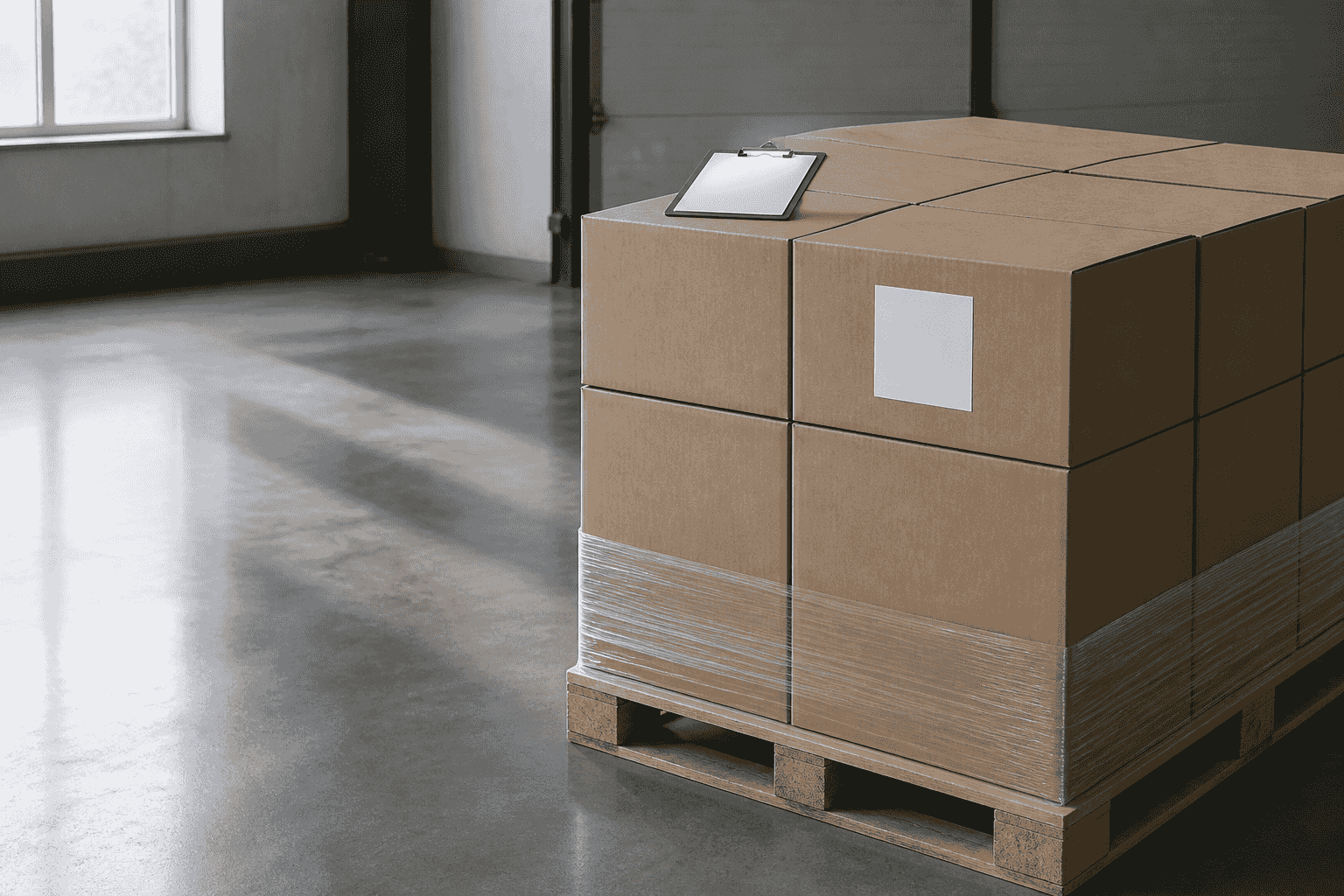 Plain export cartons stacked on a pallet with unbranded packaging visible at the front