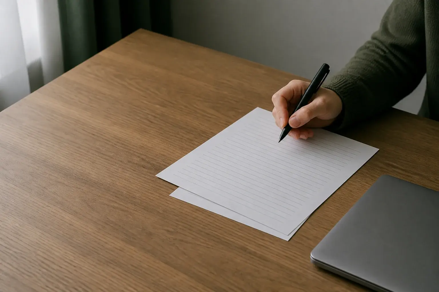 A hand writing on the upper of two blank ruled sheets on a wooden desk, a closed laptop at the edge of the frame