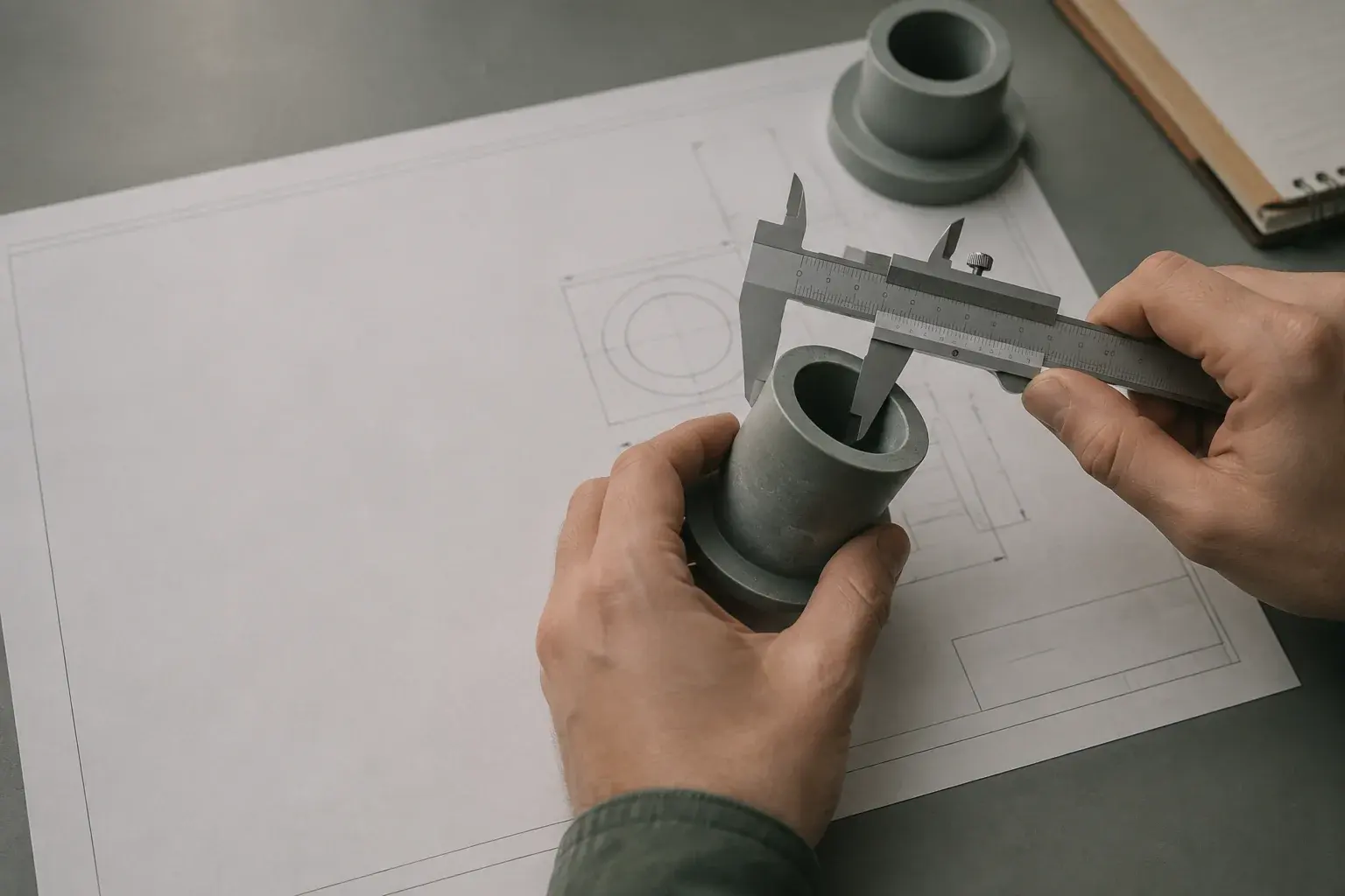 Hands checking a grey cylindrical part with calipers over an outline drawing