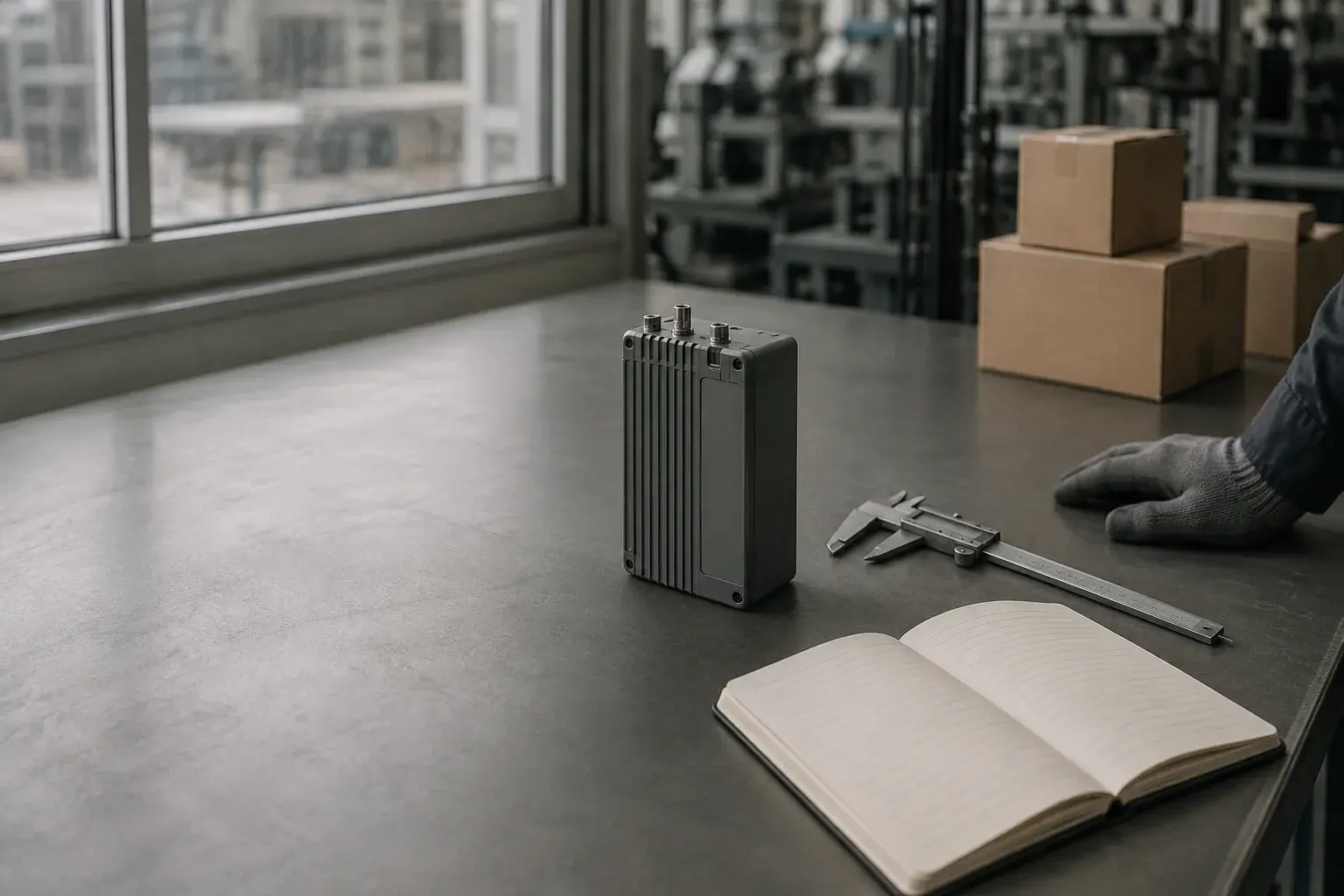 A grey product, calipers and an open notebook on an inspection bench by a window
