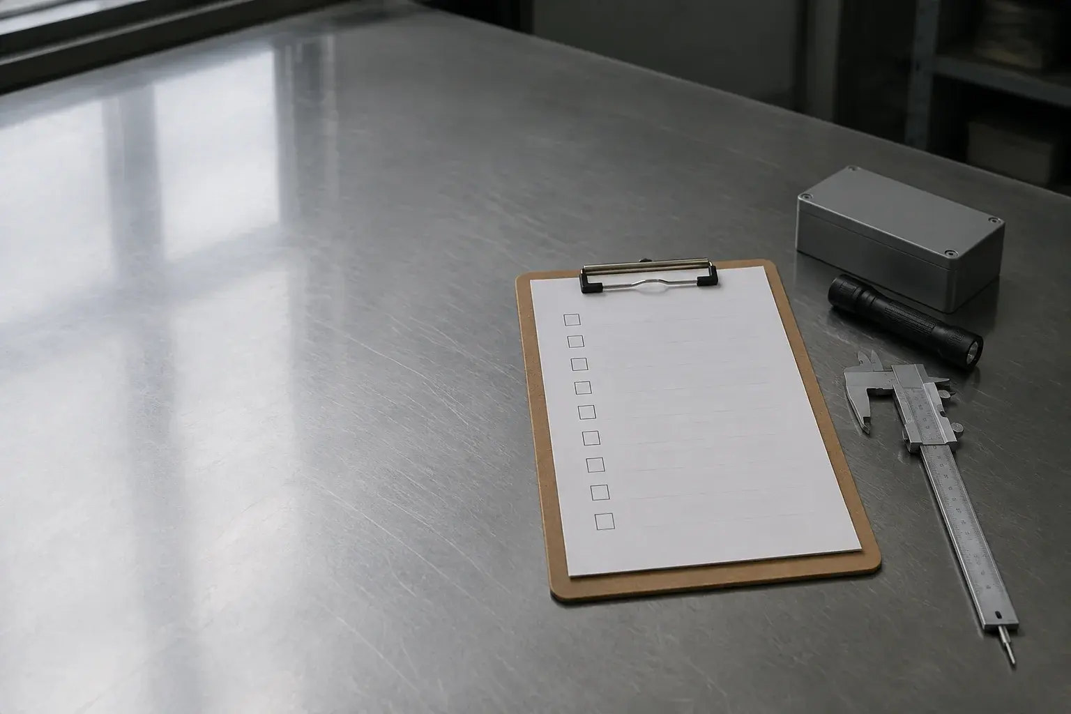 An empty checklist on a clipboard beside calipers, a torch and a grey product
