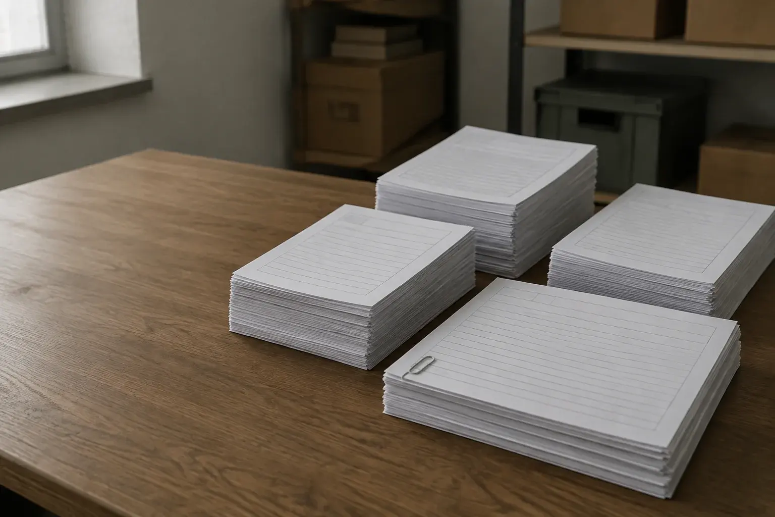 Four stacks of lined sheets on a wooden desk with a paperclip on the nearest stack