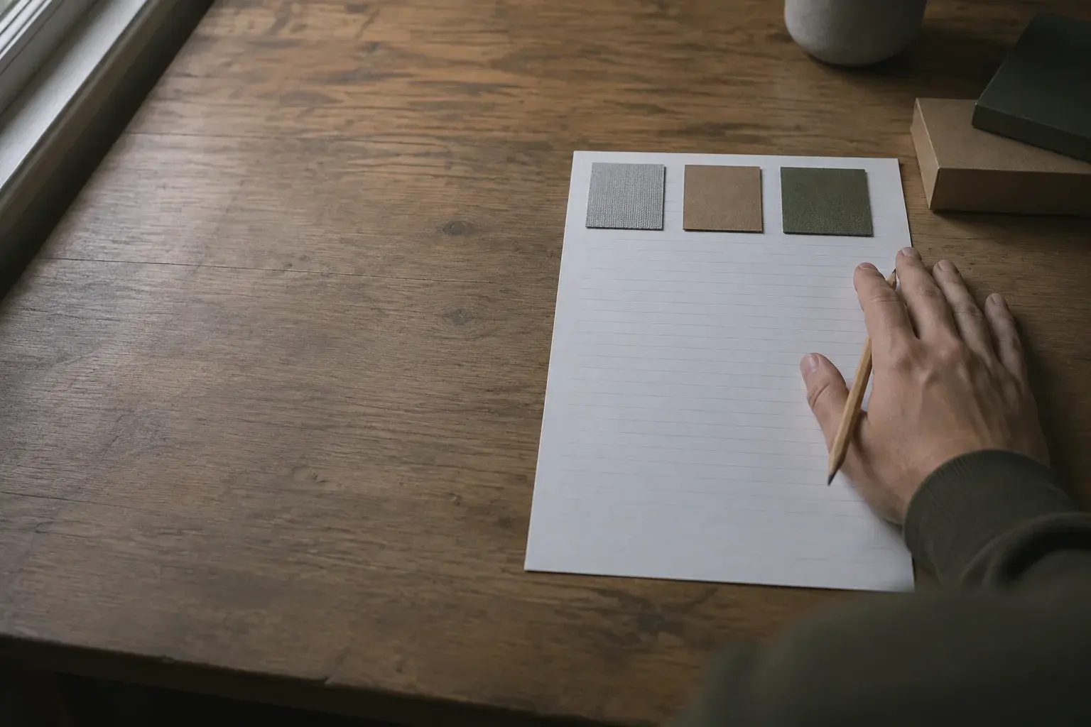 A hand holding a pencil beside lined paper and three material samples
