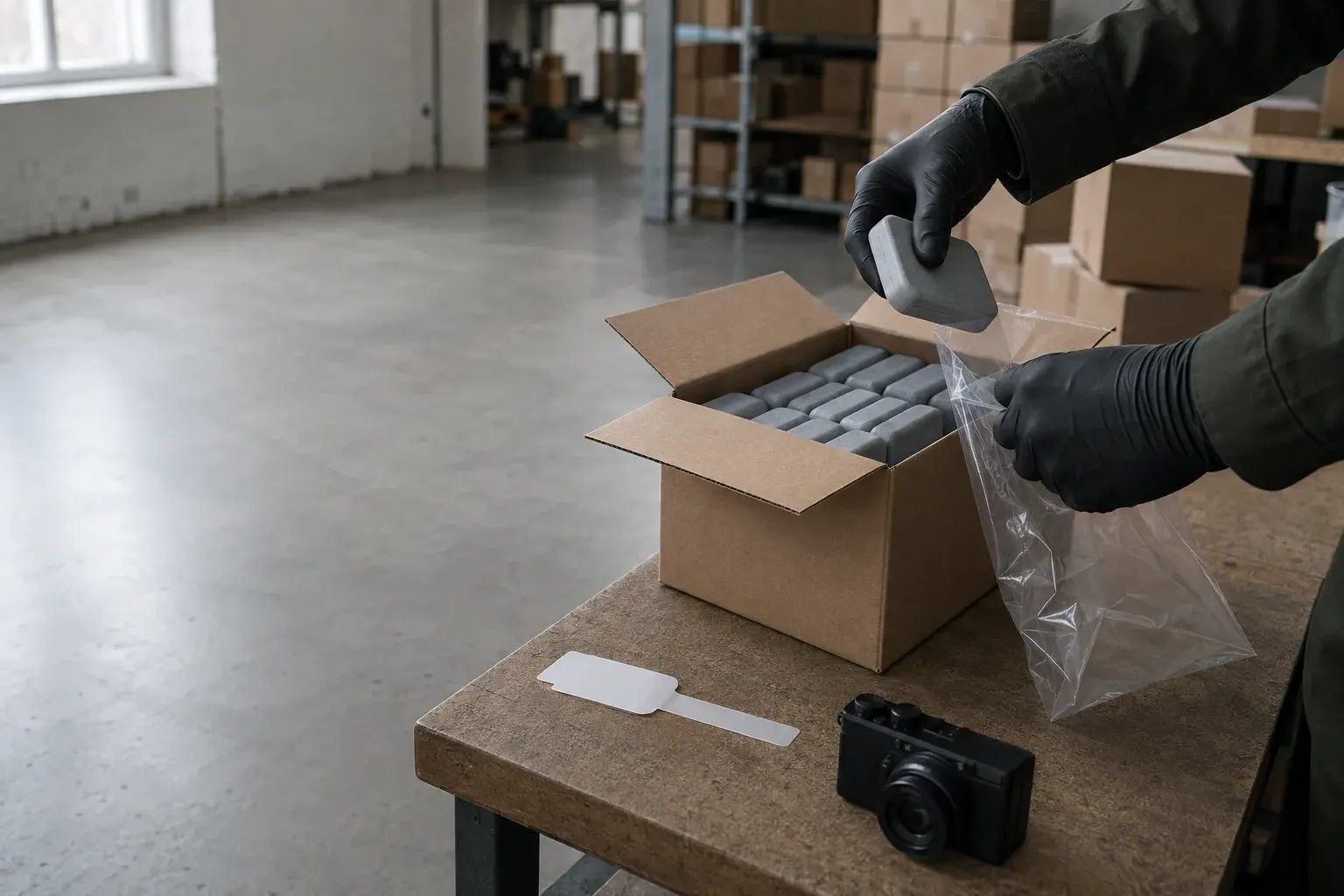 Gloved hands moving a grey unit from a carton into a clear sample bag