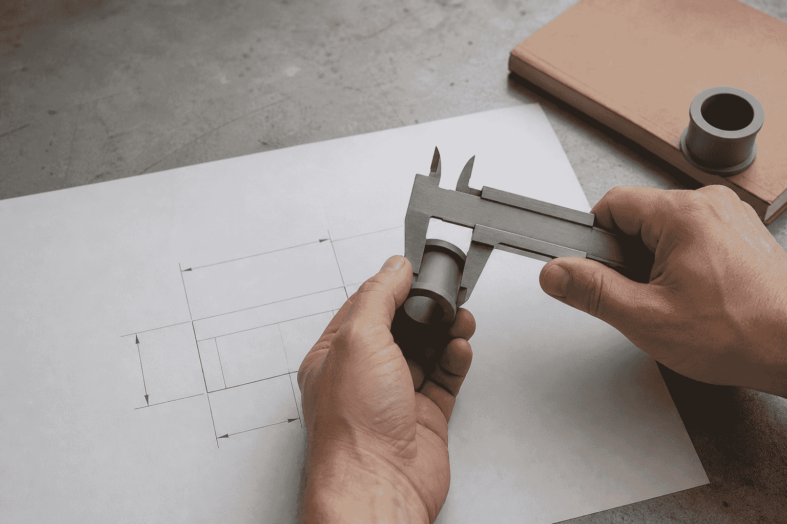 A production unit being measured and compared against the approved reference material sample