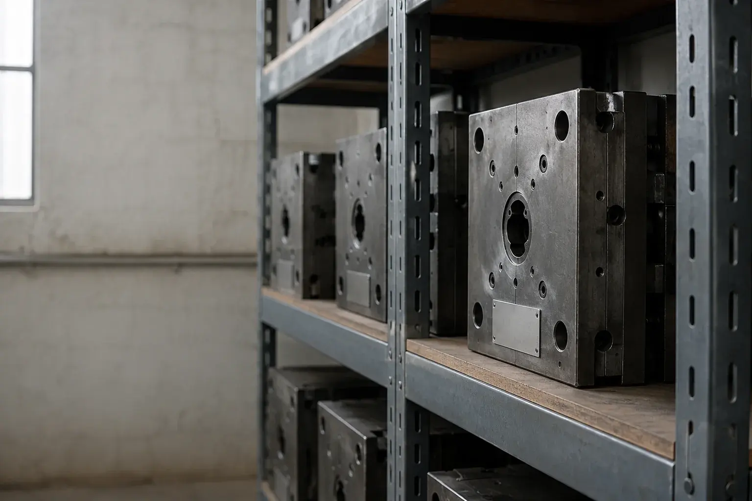 Steel mould blocks stored in a row on a metal workshop rack, the nearest carrying a blank metal plate