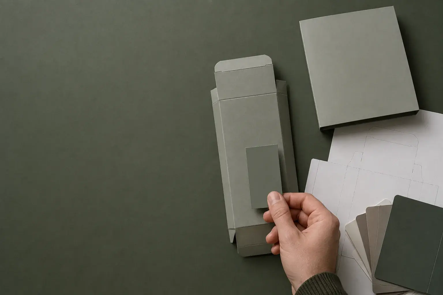 A hand comparing a colour swatch with plain packaging beside a dieline sheet