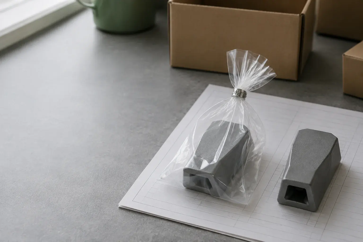 透明袋内封存的灰色参照样品,旁边放着同款未封装零件