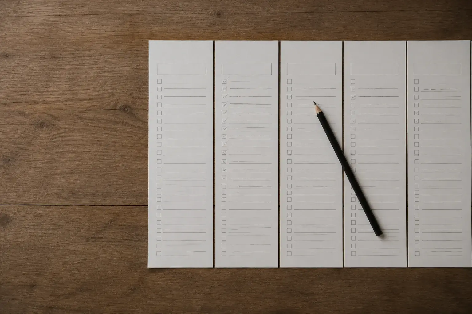 Five ruled paper columns of empty tick boxes laid in a row on a wooden desk with a pencil across two of them