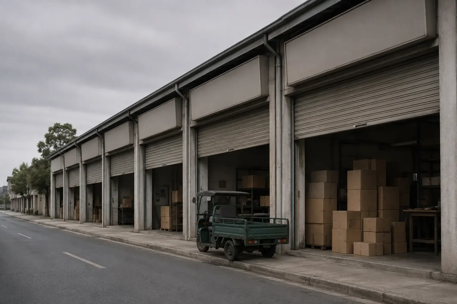 A street of small workshop units with roller shutters half open, cartons stacked inside one doorway and an electric tricycle at the kerb